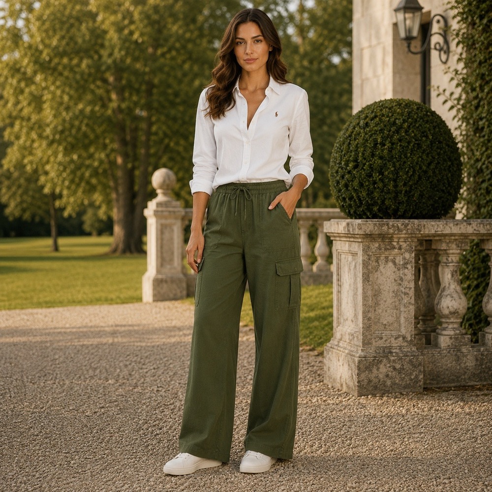 Free Assembly Womens Olive Green Knit Cargo Pants‎ Wide Leg Elastic Waist Large